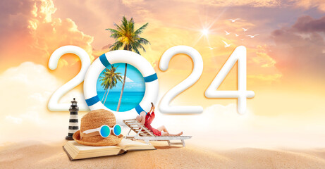 Happy new year 2024. Asian women in red dresses relaxation at tropical beach and using smartphone to take selfie.