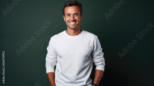 Man standing in front of camera in white T-shirt , isolated on blue background