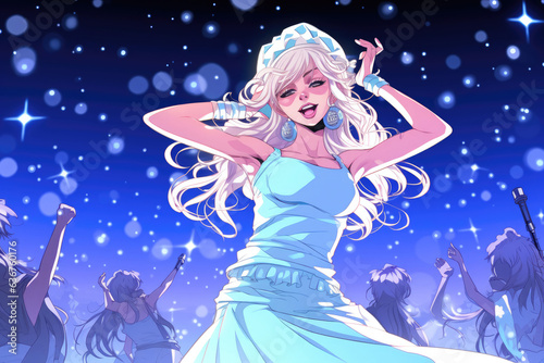 Snow Maiden dancing at a rave party, manga style comic