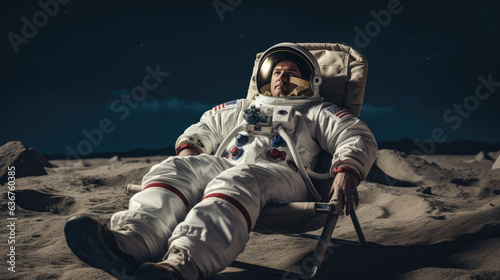 Astronaut in a suit sits on the surface of a planet in a chair. Resting after the flight.