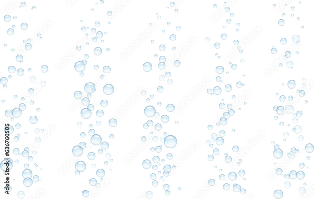 Sparkling water in transparent glass with fizzing effect and bubbled stream. Realistic blue bulb bleb circles of air. Vitamin capsule dissolved in aqua beverage, releasing vapor and motion of spheres.