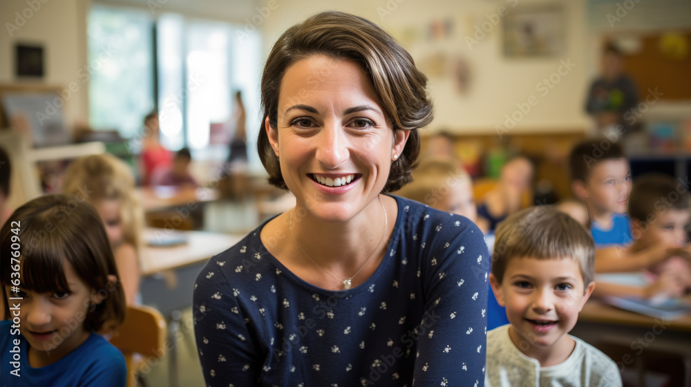 Portrait of happy female teacher in classroom in front of pupils Portrait of happy female teacher in classroom in front of pupils