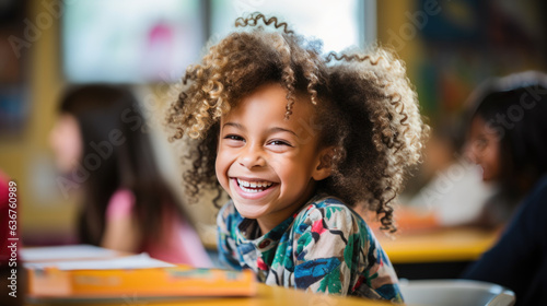 Little student sits at his desk at school and smiles