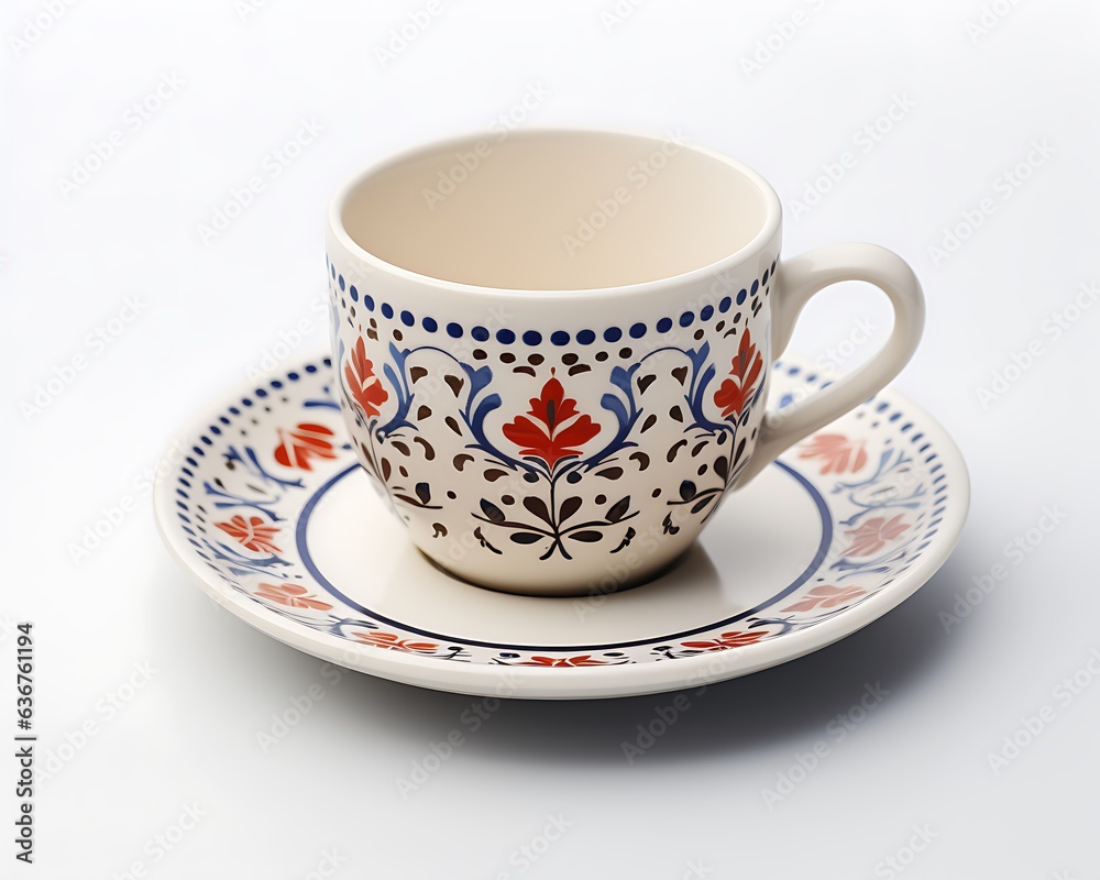 Coffee cup with floral pattern on the porcelain plate Coffee cup with floral pattern on the porcelain plate