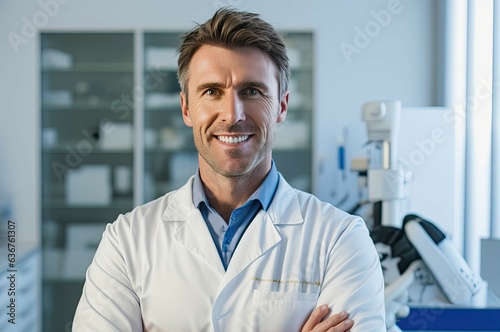 Healthcare, medical concept. Portrait of smiling male doctor in his office.