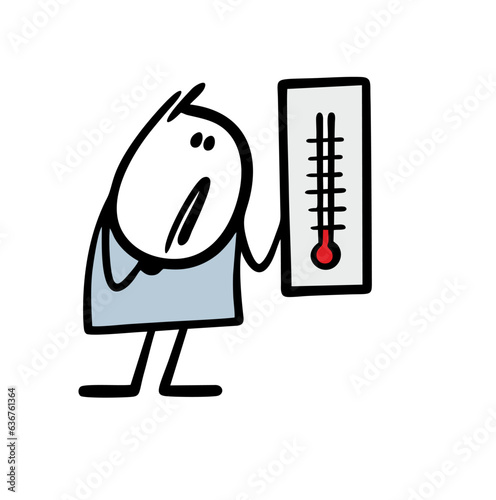 Sad cartoon man holds a large thermometer and looks at the low temperature. Vector illustration of a stickman frozen with a thermometer in his hand.