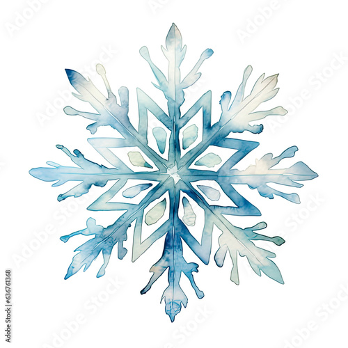 Winter watercolor illustration blue snowflake on white background