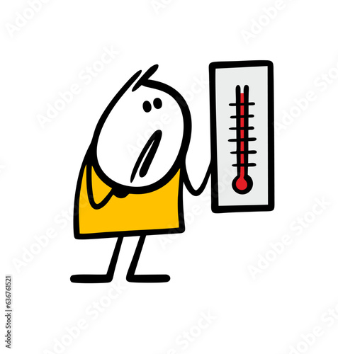 Doodle surprised stickman looks at the mercury thermometer and measures the temperature. Vector illustration of a weather forecaster high heat in summer.