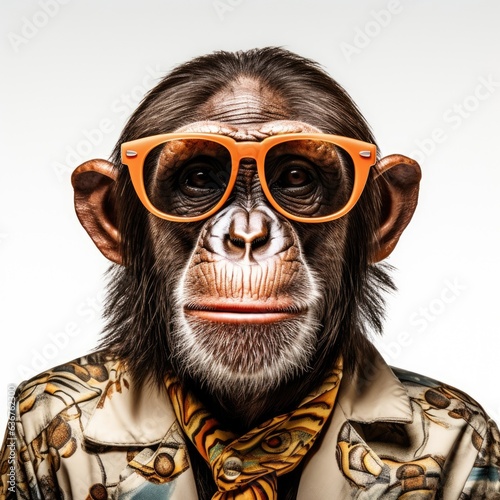 close-up of Chimpanzee with sunglasses on white background