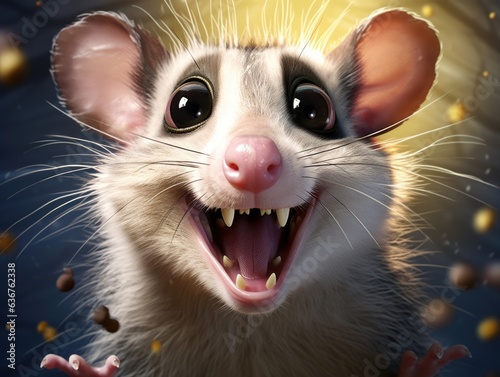 a cute and happy opossum with eyes wide open in cartoon style