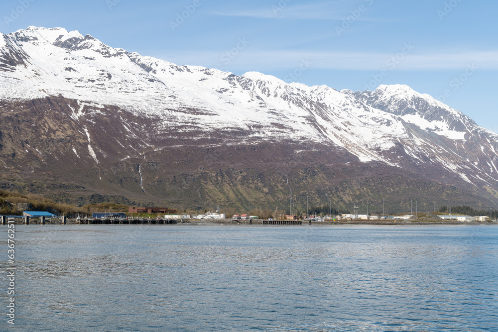 Valdez with mountains behind from the Port Valdez inlet, Alaska, USA