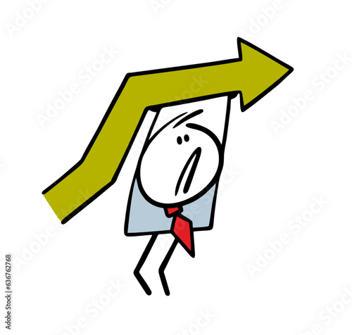 Tired businessman hardly holds a big arrow, high company performance. Vector illustration of financial success in work and business.