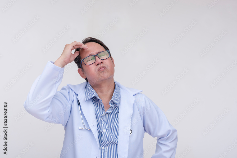 A doctor experiences a uncomfortable headache. Of asian descent, middle aged male. Isolated on a white background.