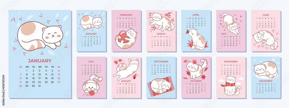 Calendar 2024 template with a cute cat. Set of 12 Months calendar. Week Starts on Sunday