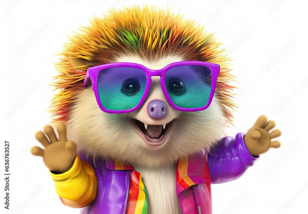 Fototapeta premium Happy hedgehog glad to meet you. Close-up of a fashion hedgehog with sunglasses. Digital art. Cute cartoon character. Illustration for card, cover, printable design for t-shirts, mugs, cases, etc.