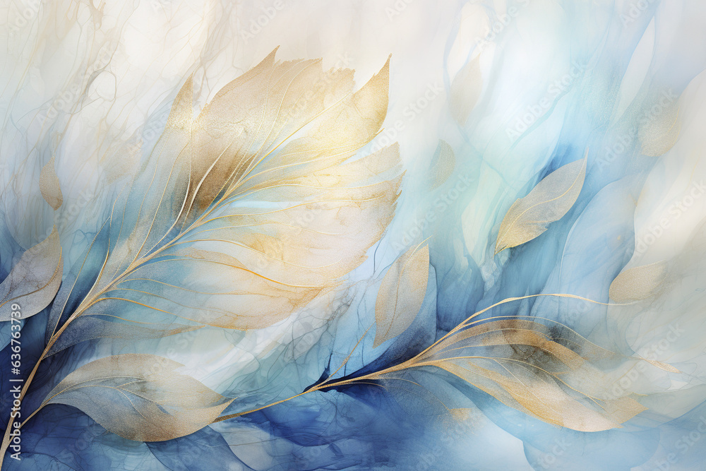 an abstract flower blue leaf painting poster, in the style of layered translucency, golden palette, flowing fabrics, earthy color palette, maranao art, nature motifs, bio-art an abstract flower blue leaf painting poster, in the style of layered translucency, golden palette, flowing fabrics, earthy color palette, maranao art, nature motifs, bio-art