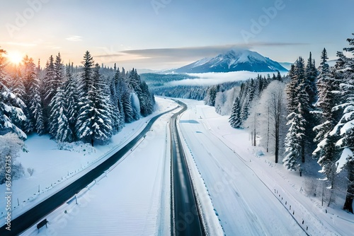 Aerial view of winter road in snowy forest. Drone captured shot from above.