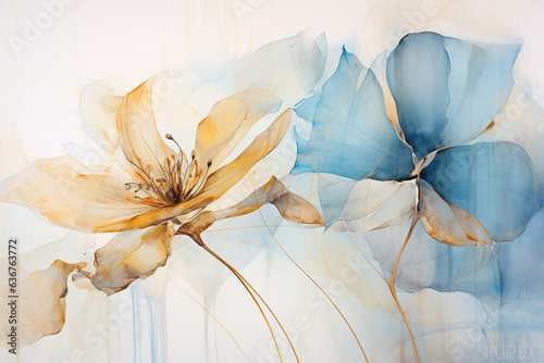 an abstract flower blue leaf painting poster, in the style of layered translucency, golden palette, flowing fabrics, earthy color palette, maranao art, nature motifs, bio-art photo