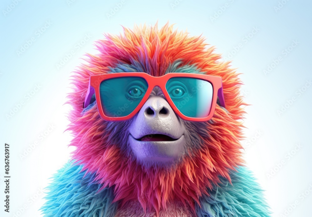 Close-up of a smiling gibbon with glasses. A toy fluffy monkey is looking at us. Digital art. Cute cartoon character. Illustration for card, poster, cover, print, etc.