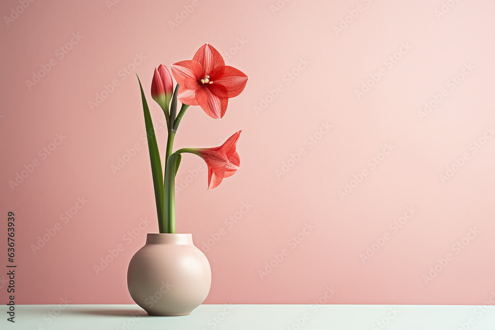 Hippeastrum plant in a clay pot, minimalism, pastel background, reality, stock photography, high quality, professional photography, balanced lighting, Hippeastrum plant in a clay pot, minimalism, pastel background, reality, stock photography, high quality, professional photography, balanced lighting,