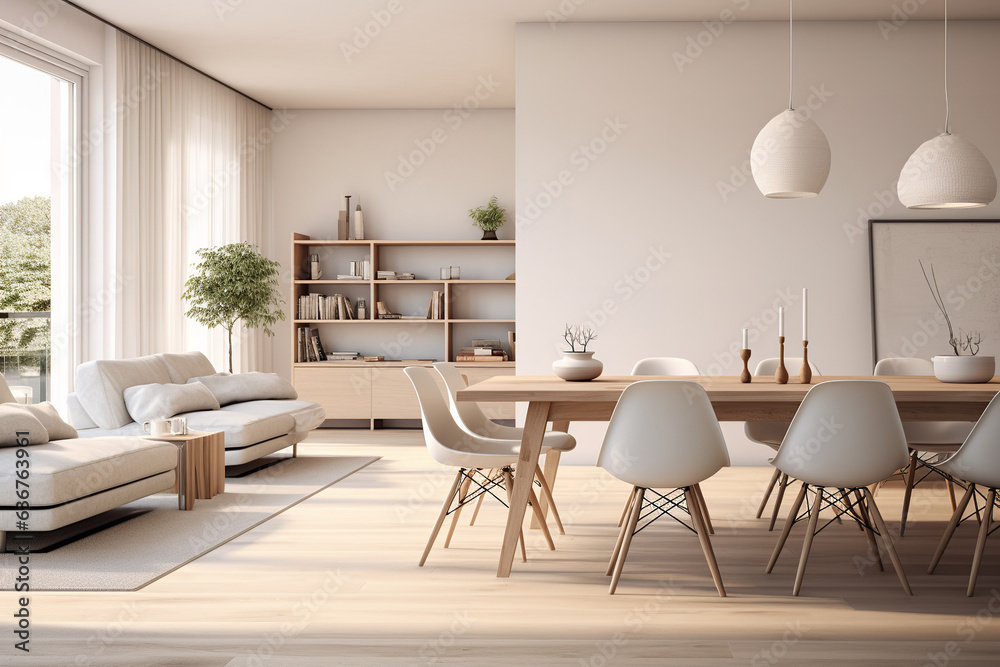 Fototapeta premium Minimalist living room, scandiavian style, dining table, vitra chairs, highly detailed photo realistic
