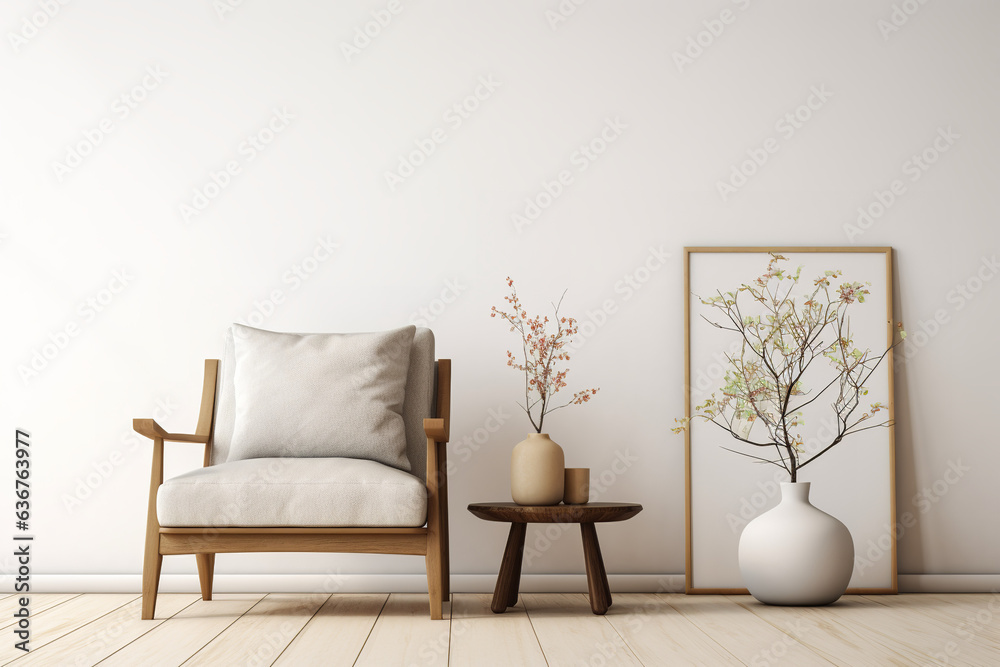 Minimalist living room with focus on an armchair in Japanese style, highly detailed photo realistic high resolution Minimalist living room with focus on an armchair in Japanese style, highly detailed photo realistic high resolution