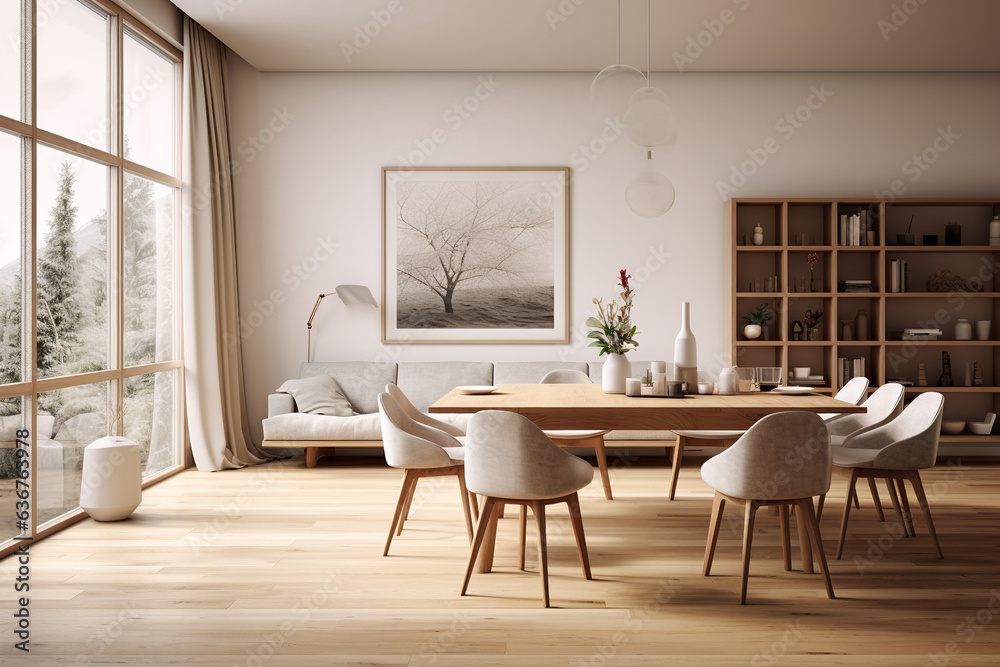 Fototapeta premium Minimalist living room, scandiavian style, dining table, vitra chairs, highly detailed photo realistic