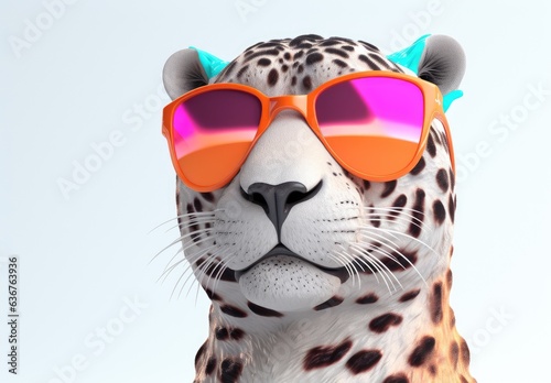 Close-up of a fashion leopard with sunglasses. A toy fluffy panther is looking at us. Digital art. Cute cartoon character. Illustration for card, poster, cover, print, etc.