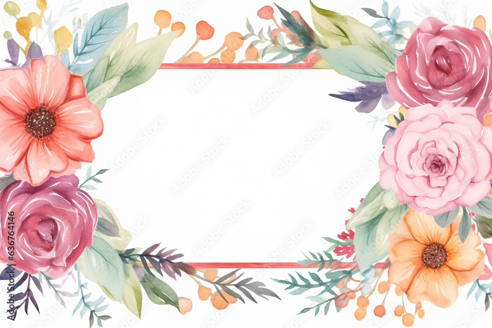 watercolor boho flowers and feathers, rectangle frame, boho colors, white background