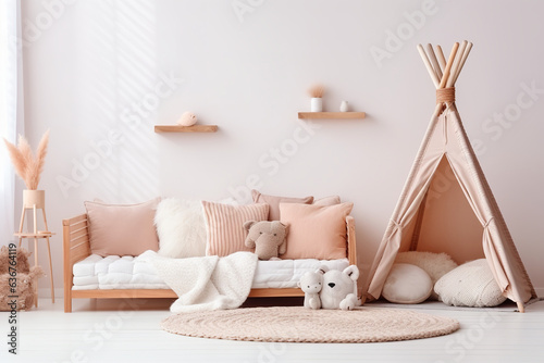 very realistic interior design photo for a wallpaper mock up, white wall, no decorations on the wall, beautiful boho dreamy girls bedroom with pastel decorative pillows, lots of decorations and toys 