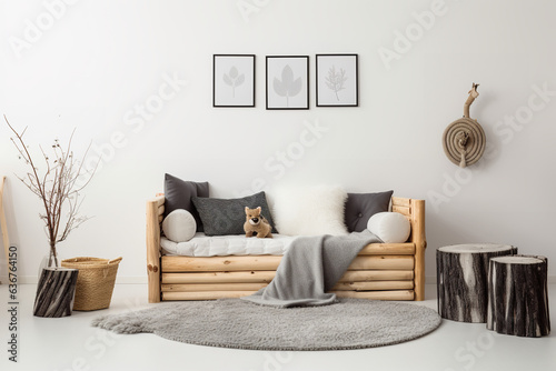 very realistic interior design photo for a wallpaper mock up,white wall simple with no decorations on wall. Beautiful kids room with a wooden kids daybed with grey