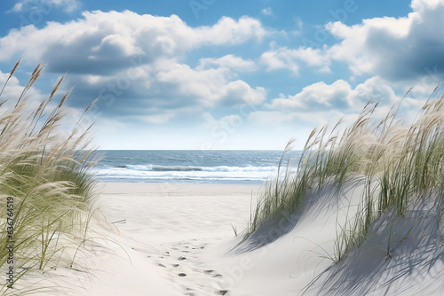 Panoramic view of a high dune beach with tall reeds on either side of a pure white sand path leading to the ocean. 