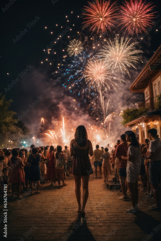 Lone Young Woman at City Event, Beautiful evening fireworks Lone Young Woman at City Event, Beautiful evening fireworks
