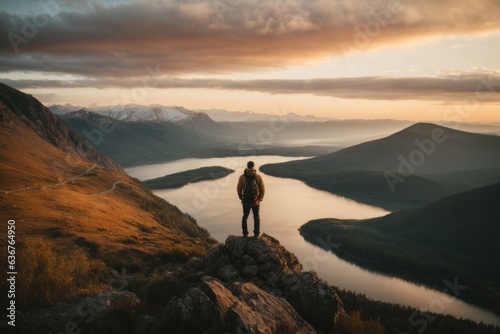 silhouette of a person in the mountains and the lake