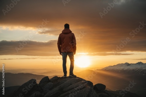 silhouette of a person on the top of the mountain at sunset