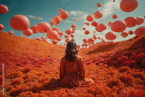 A young girl meditating in a magical place with orange orbs in the sky