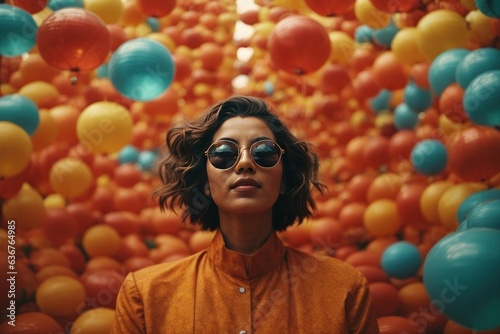 young model wearing sunglasses with balloons
