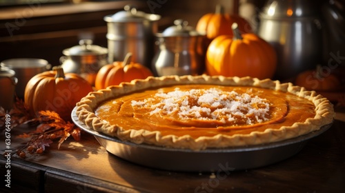 pumpkin pie on a wooden table