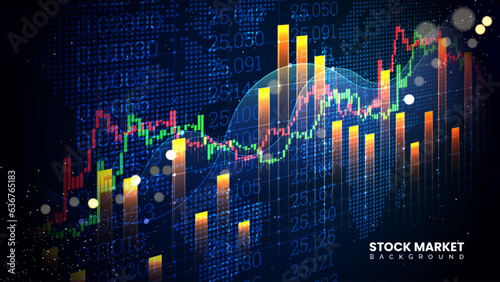 Stock market investment chart with green and red uptrend line. Successful candlestick trading chart information. Economic information growth background