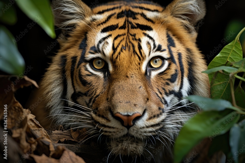 Fototapeta premium A tiger leaps gracefully from tree to tree, hunting its prey.