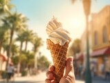 hand with ice cream in a cone and blurred palm trees in the background