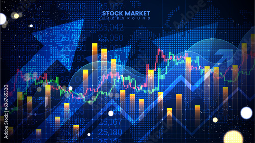 Successful stock market statistical information and trends with up arrows. Futuristic financial trading chart. Economic information growth background