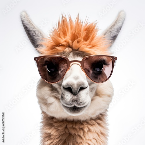 close-up of Alpaca with sunglasses on white background