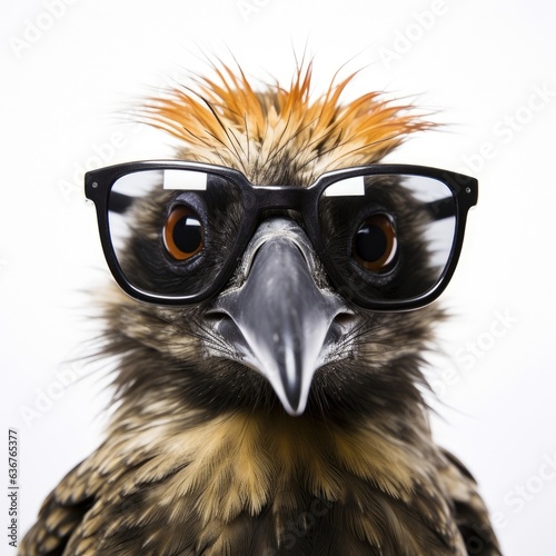 close-up of Bird with sunglasses on white background