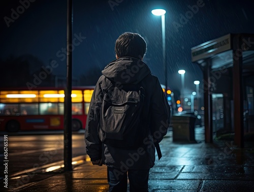 a child seen from behind at night waiting at a bus stop