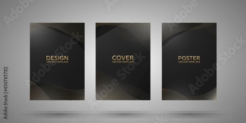 Abstract black cover design template. Luxury line pattern with gold gloss in gold, black color. Formal vector background for luxe invite, business brochure, poster, notebook, menu template