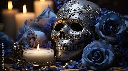 Silver skull with candles and flowers - day of the dead