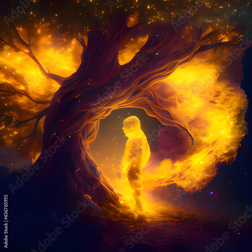 Figura humana conectada a un árbol mediante una lúz naranja