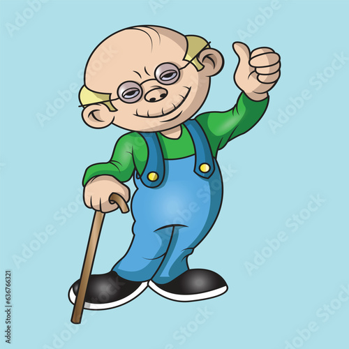 an old man holding a stick and raising his thumb