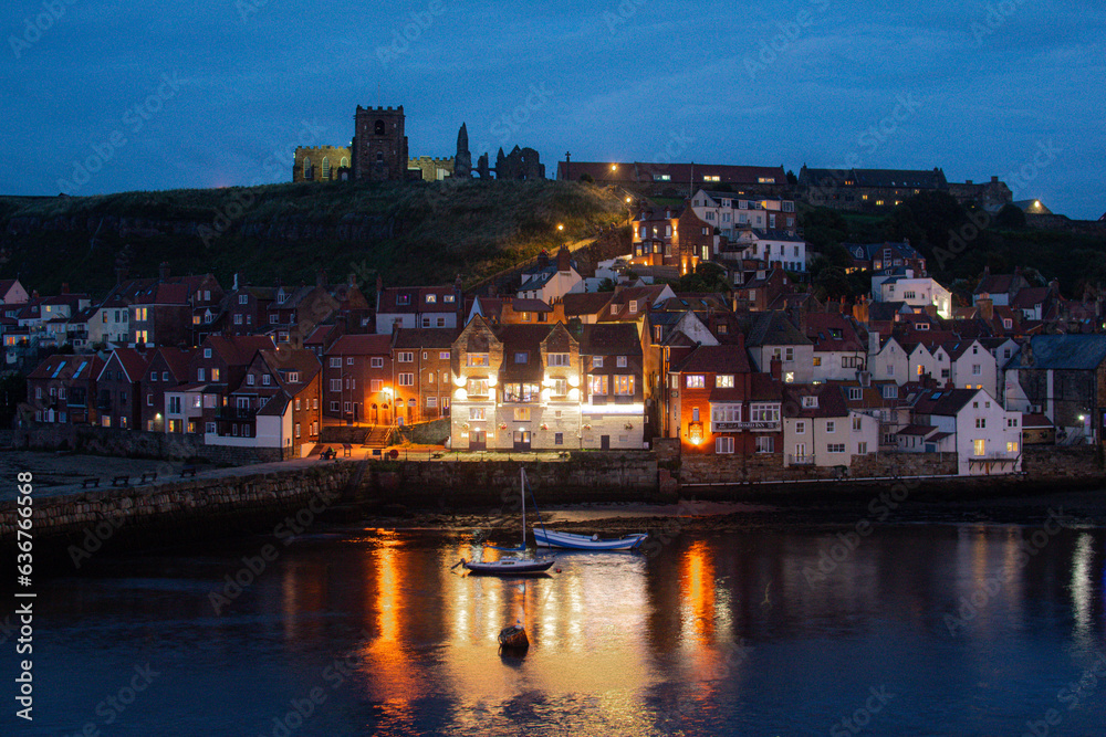 Night Shot of Whitby Seaside Town in North Yorkshire, England, UK